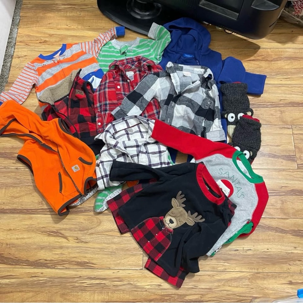 9/12 months baby bundle, Christmas, Plaid shirts, vests, pajamas